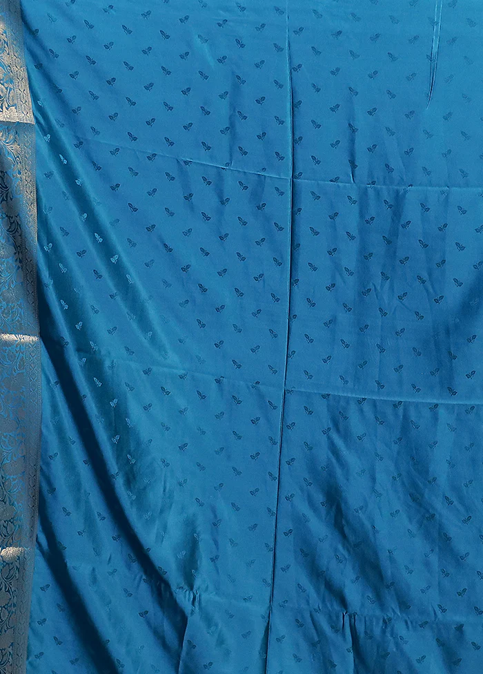 Blue Dupion Silk Saree With Blouse Piece - Image 5