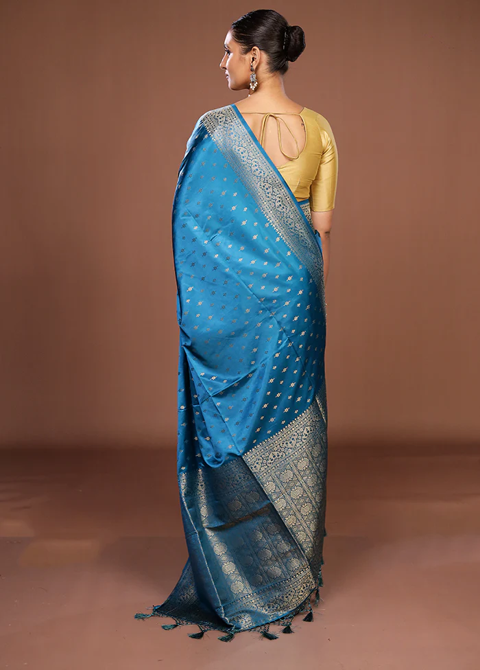 Blue Dupion Silk Saree With Blouse Piece - Image 3