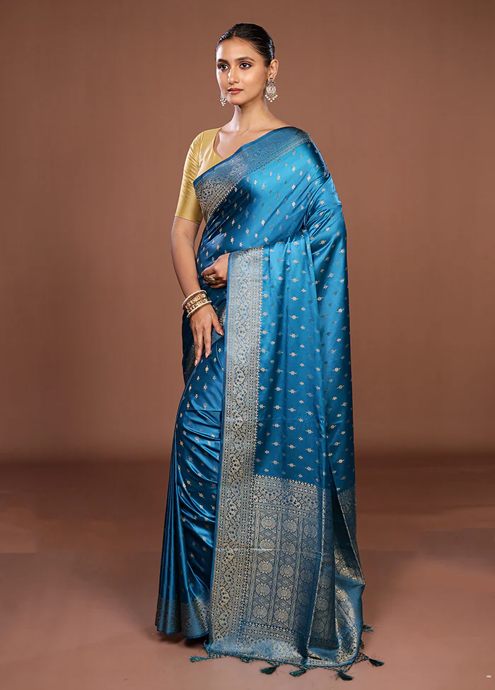 Blue Dupion Silk Saree With Blouse Piece - Image 4