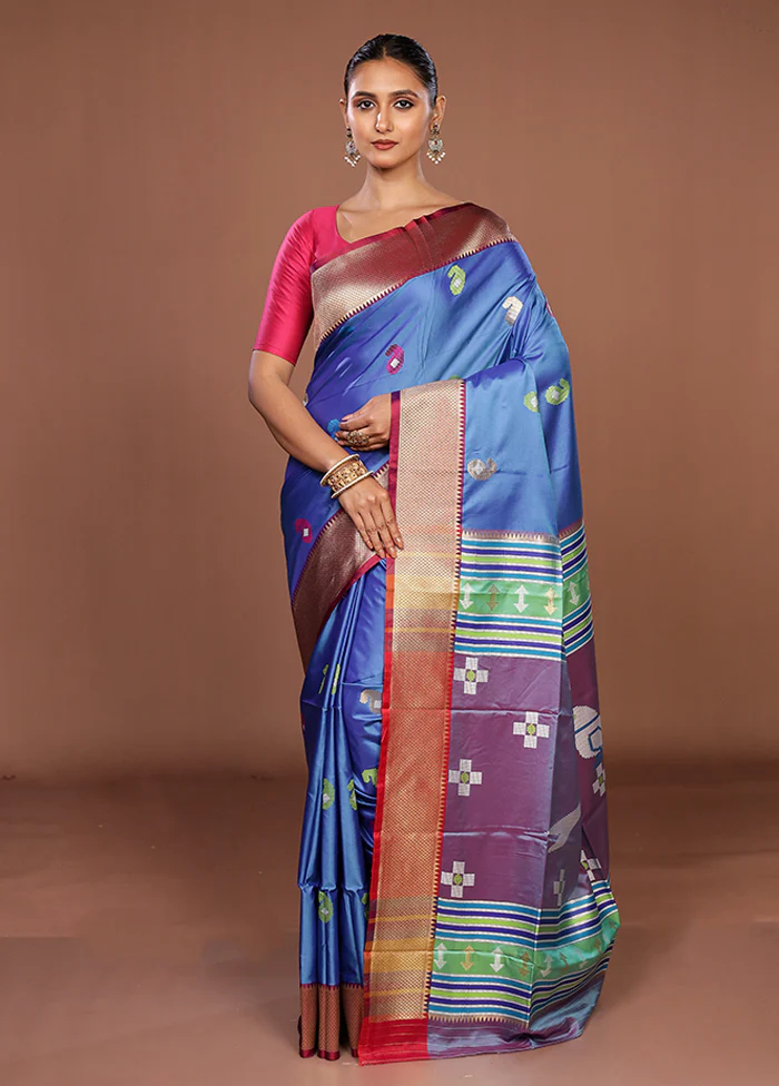 Blue Dupion Silk Saree With Blouse Piece - Image 2