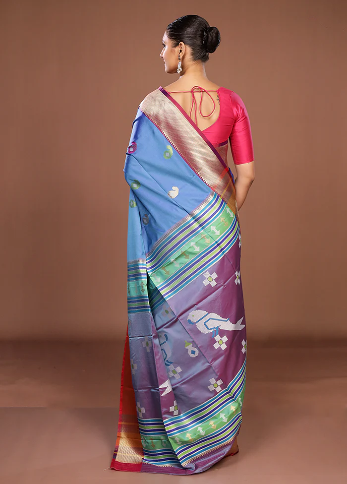 Blue Dupion Silk Saree With Blouse Piece - Image 3