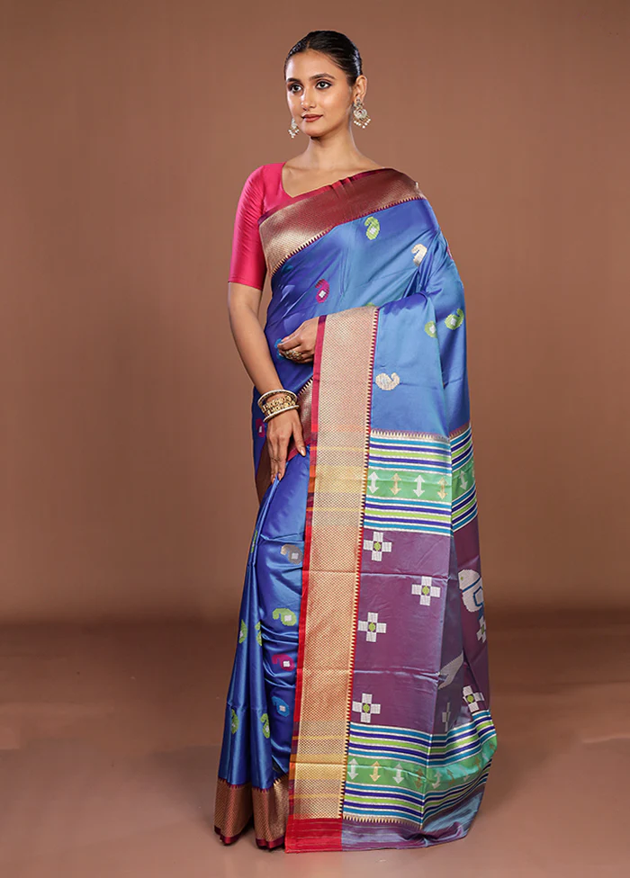 Blue Dupion Silk Saree With Blouse Piece - Image 4