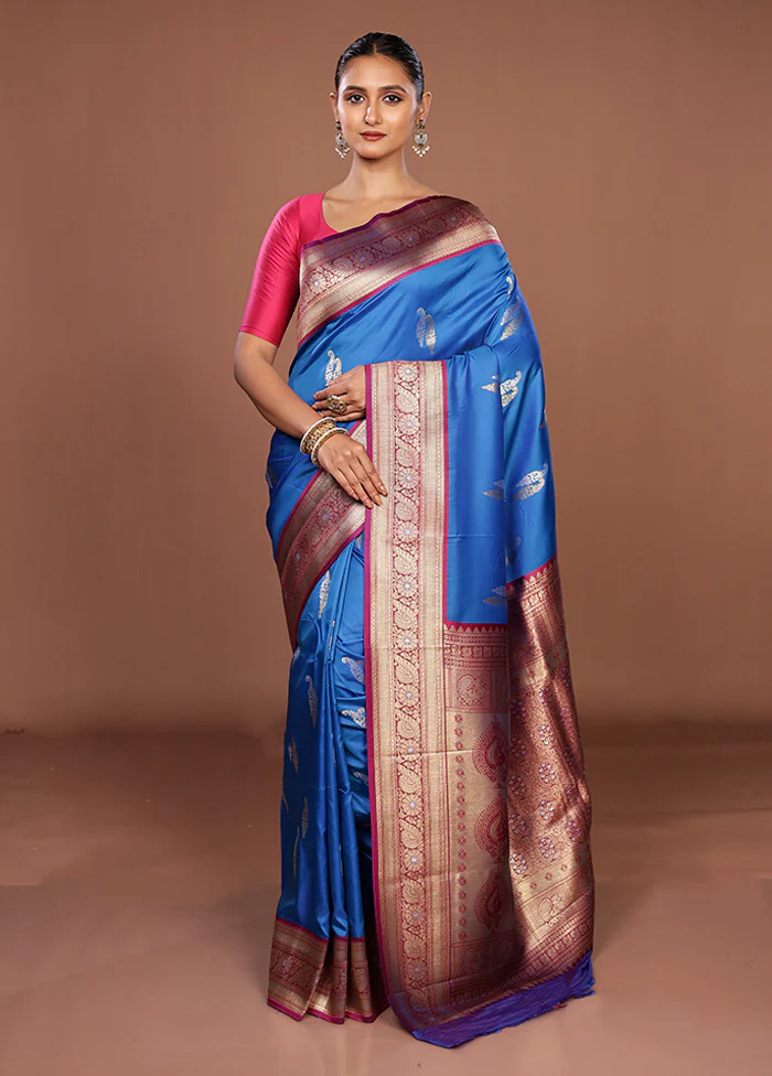 Blue Dupion Silk Saree With Blouse Piece - Image 2