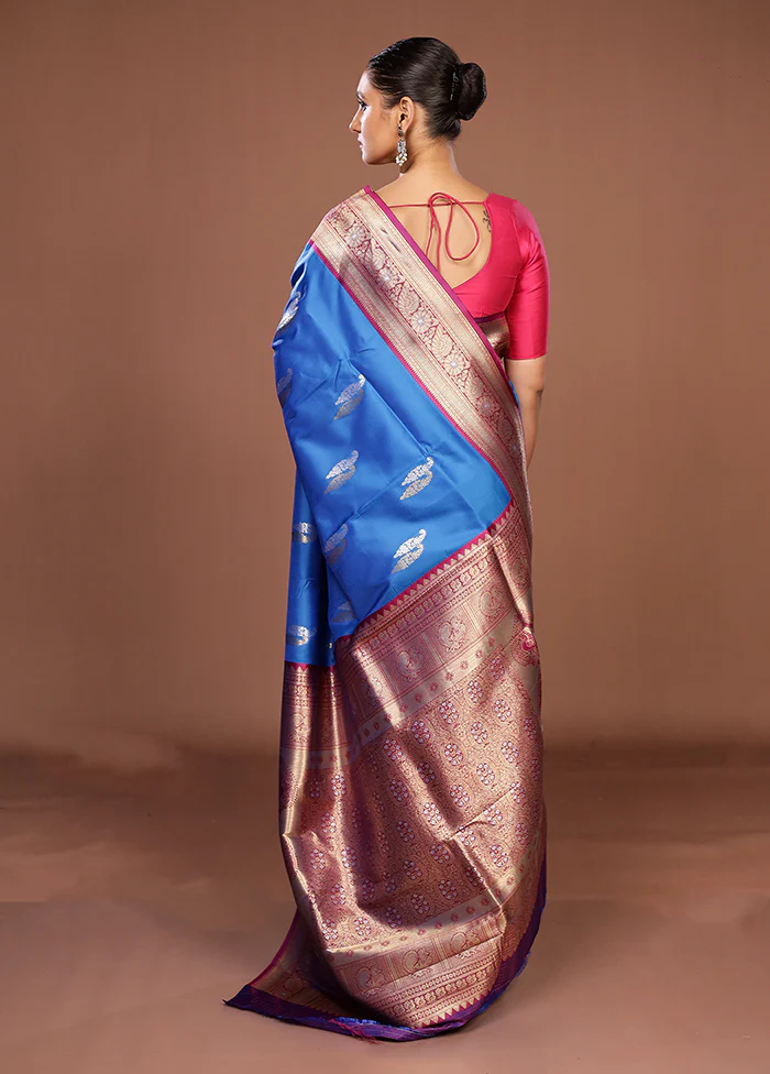 Blue Dupion Silk Saree With Blouse Piece - Image 3