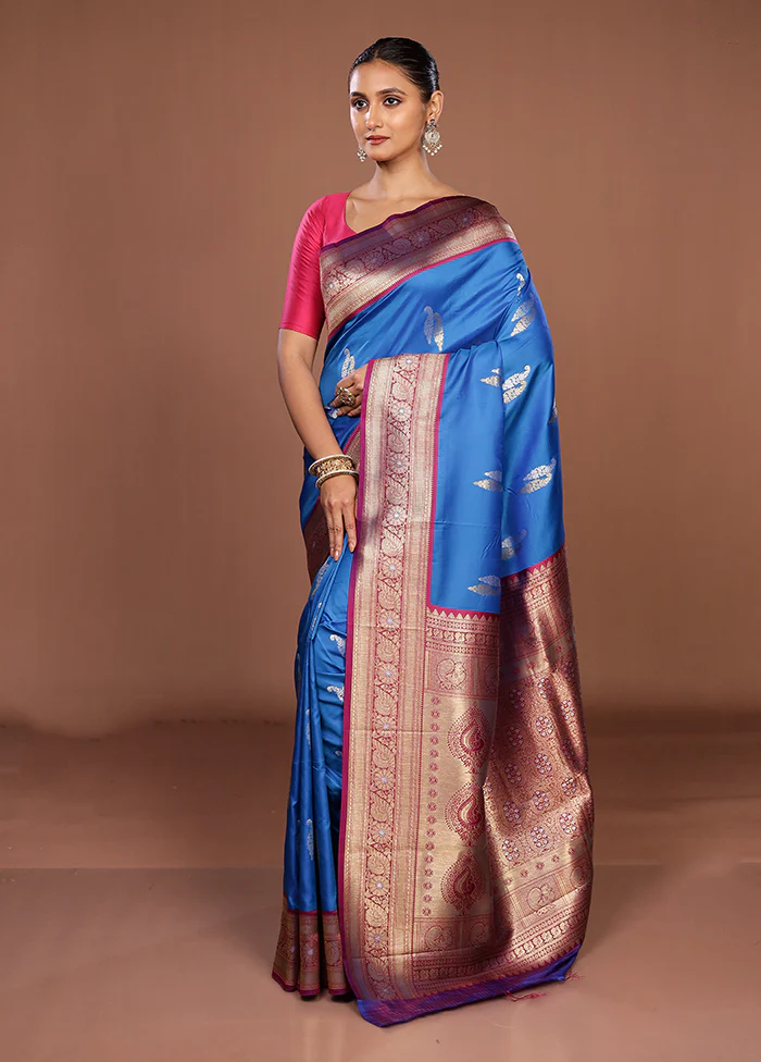 Blue Dupion Silk Saree With Blouse Piece - Image 4