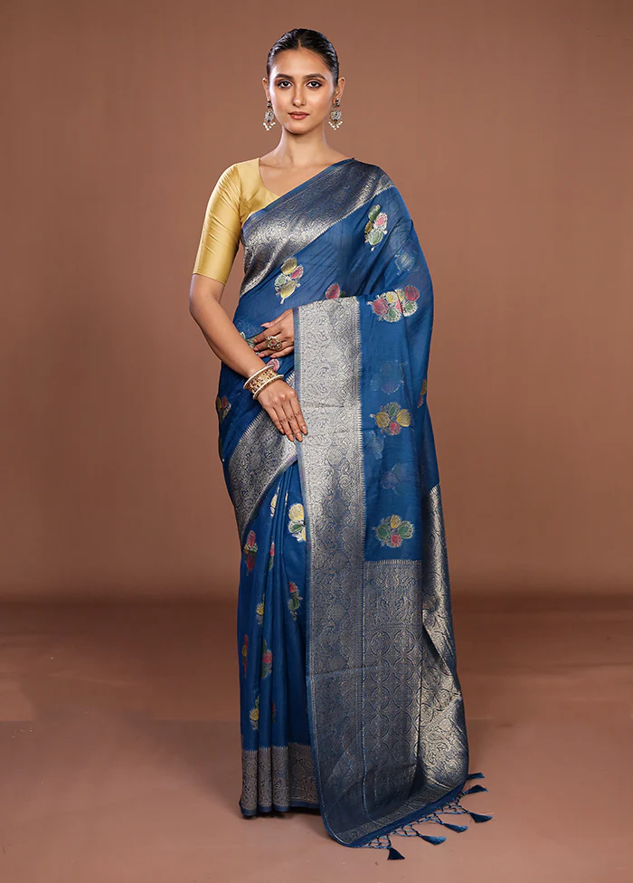 Blue Dupion Silk Saree With Blouse Piece - Image 2
