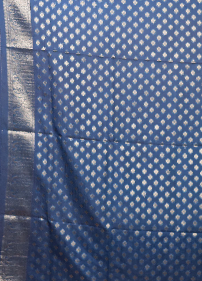 Blue Dupion Silk Saree With Blouse Piece - Image 5