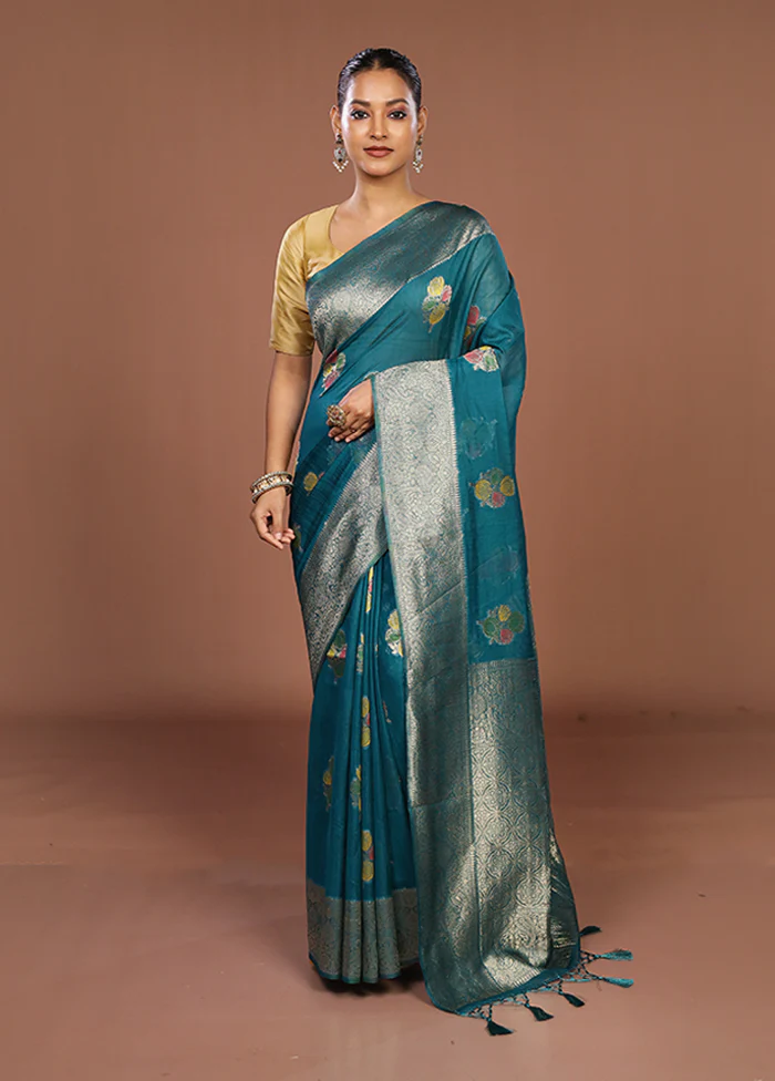 Blue Dupion Silk Saree With Blouse Piece - Image 2