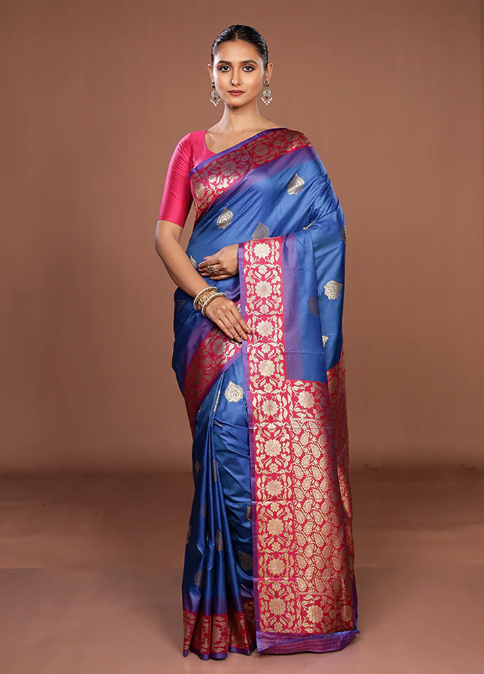 Blue Dupion Silk Saree With Blouse Piece - Image 2