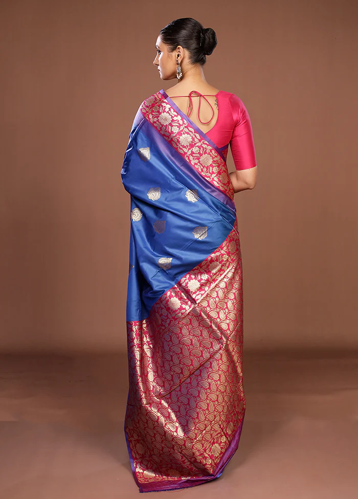 Blue Dupion Silk Saree With Blouse Piece - Image 3