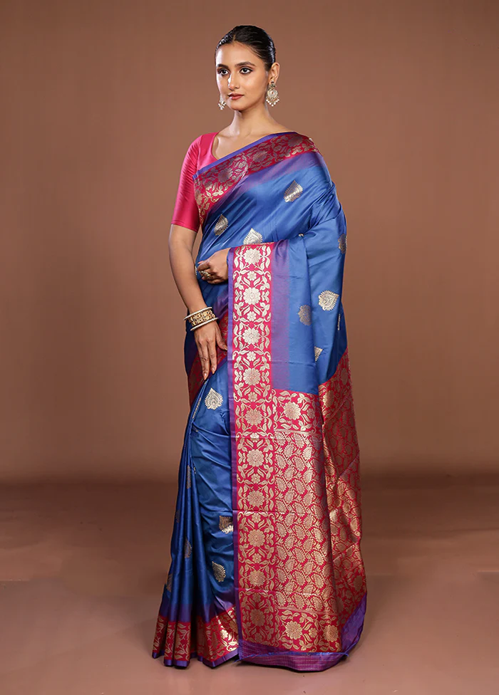 Blue Dupion Silk Saree With Blouse Piece - Image 4