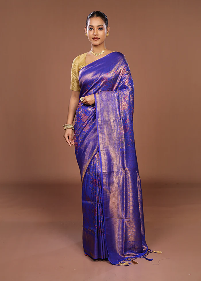 Blue Dupion Silk Saree With Blouse Piece - Image 2