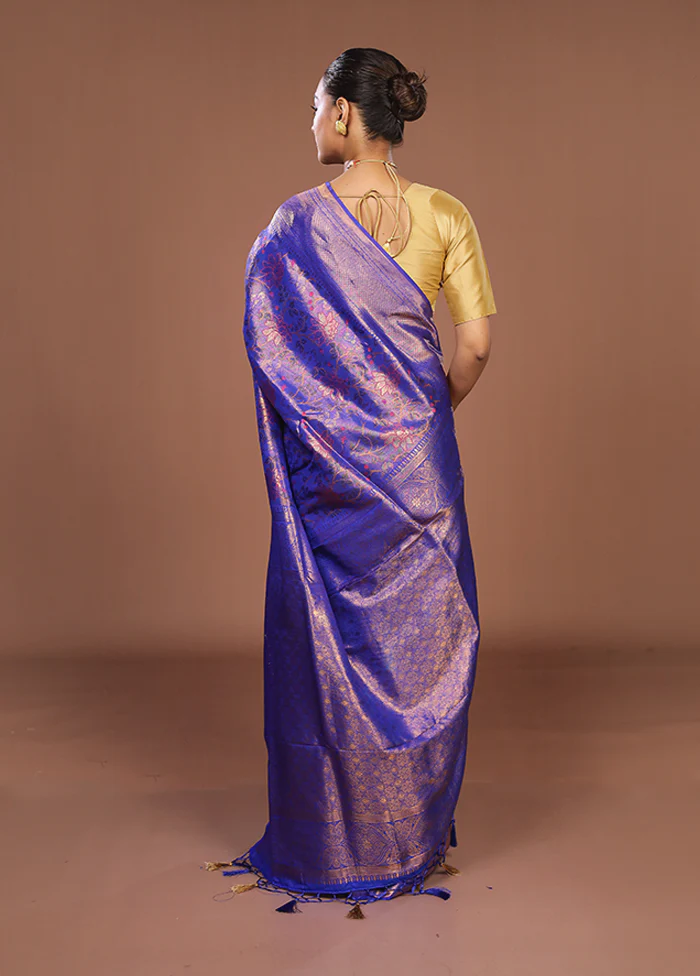 Blue Dupion Silk Saree With Blouse Piece - Image 3