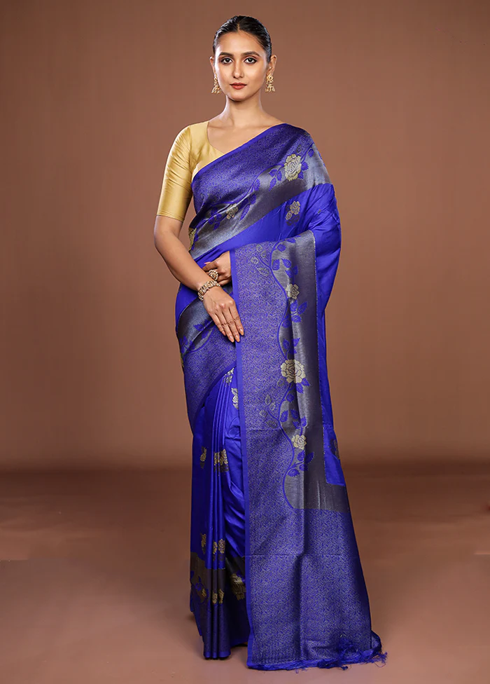 Blue Dupion Silk Saree With Blouse Piece - Image 2