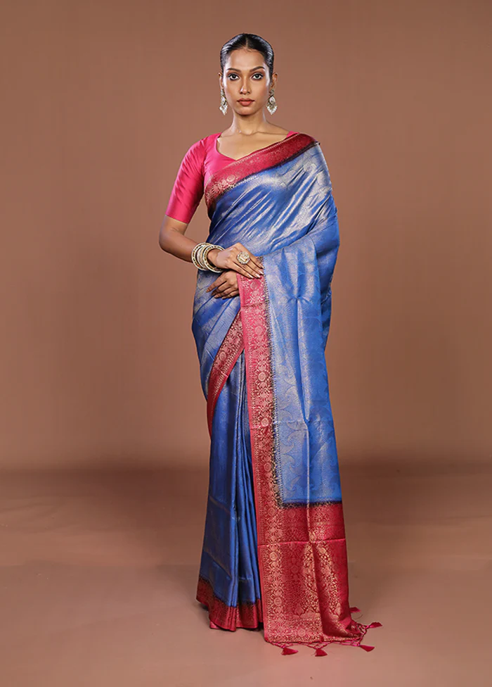 Blue Dupion Silk Saree With Blouse Piece - Image 2