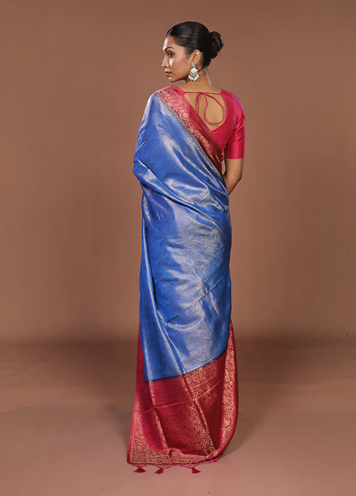 Blue Dupion Silk Saree With Blouse Piece - Image 3