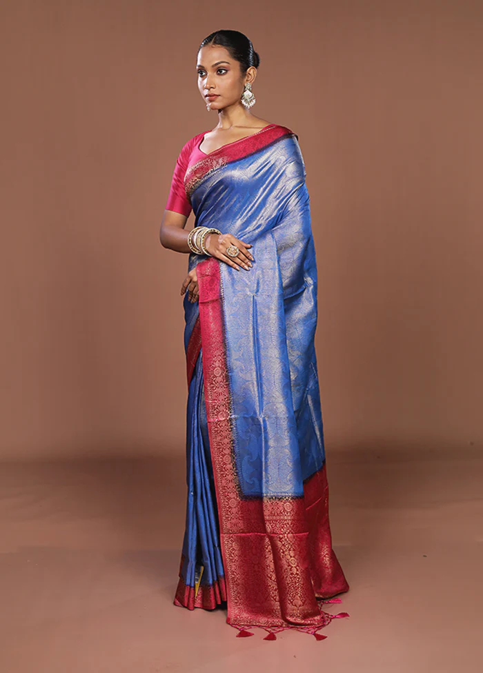 Blue Dupion Silk Saree With Blouse Piece - Image 4