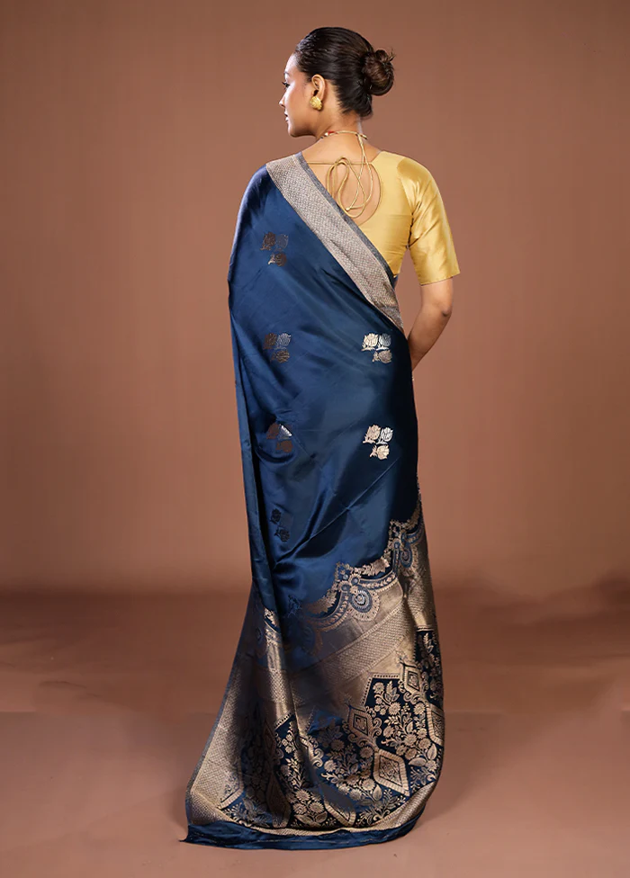 Blue Dupion Silk Saree With Blouse Piece - Image 3