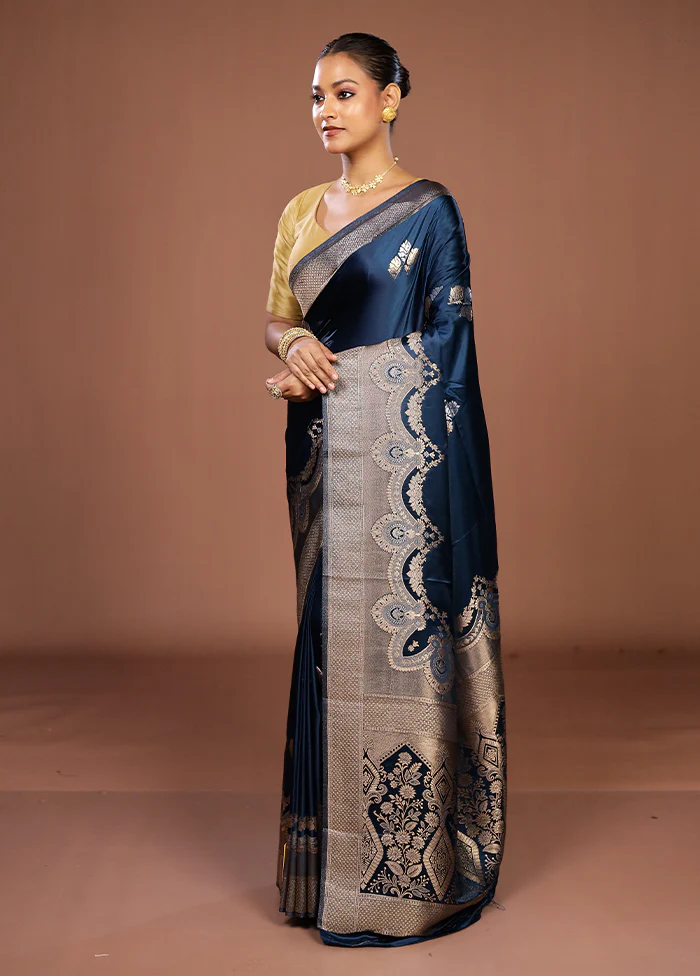 Blue Dupion Silk Saree With Blouse Piece - Image 4