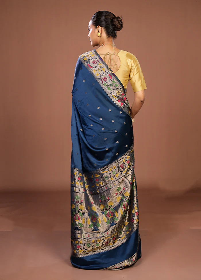 Blue Dupion Silk Saree With Blouse Piece - Image 3