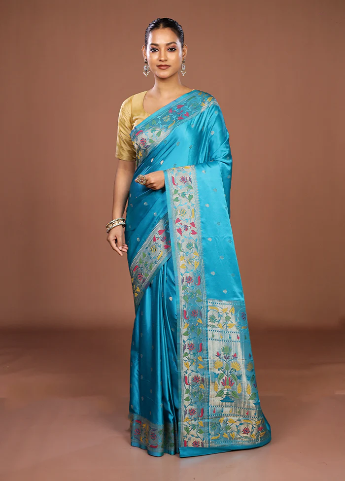 Blue Dupion Silk Saree With Blouse Piece - Image 2