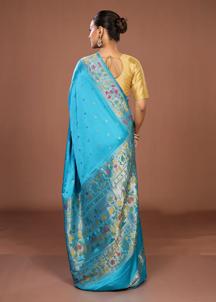 Blue Dupion Silk Saree With Blouse Piece - Image 3