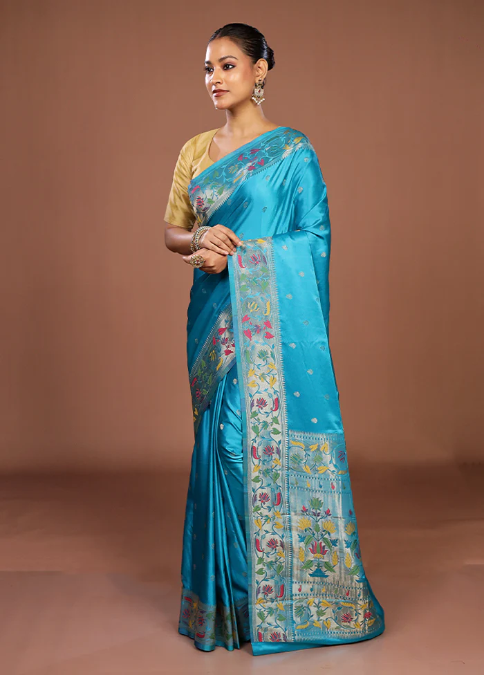 Blue Dupion Silk Saree With Blouse Piece - Image 4