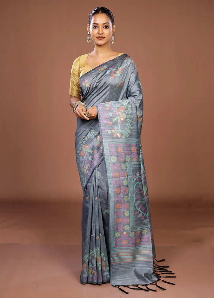 Blue Dupion Silk Saree With Blouse Piece - Image 2