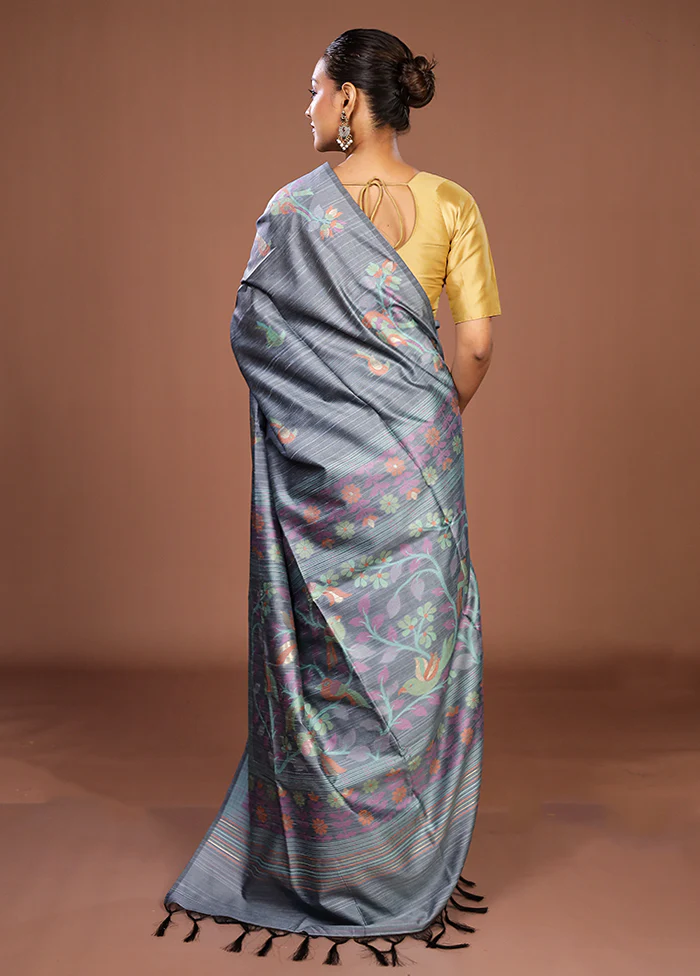 Blue Dupion Silk Saree With Blouse Piece - Image 3