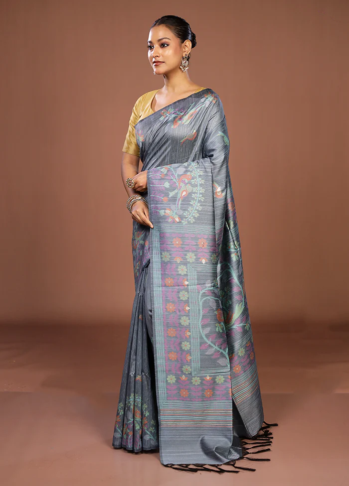 Blue Dupion Silk Saree With Blouse Piece - Image 4