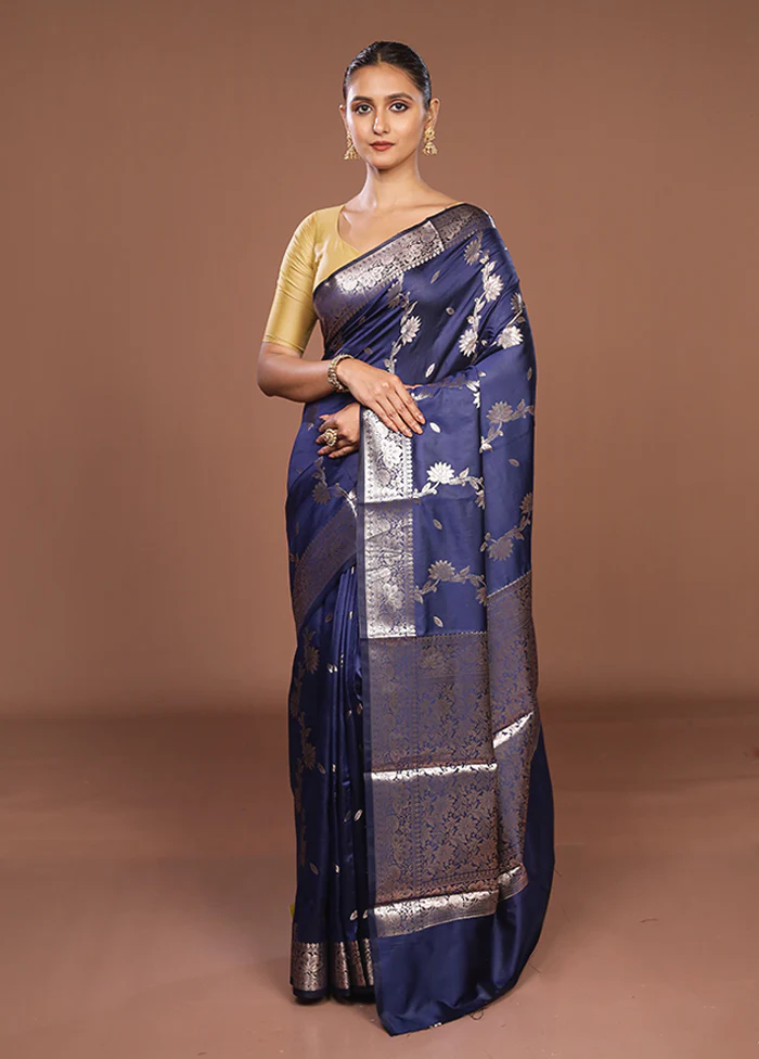 Blue Dupion Silk Saree With Blouse Piece - Image 2