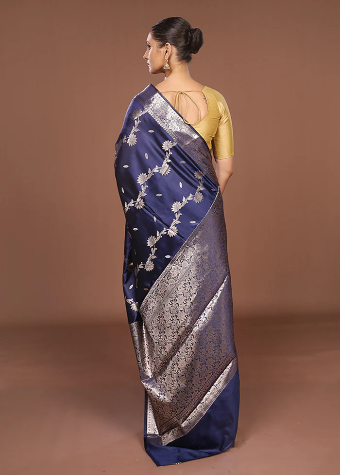 Blue Dupion Silk Saree With Blouse Piece - Image 3