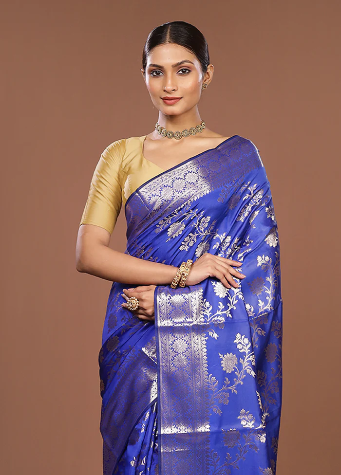Blue Dupion Silk Saree With Blouse Piece