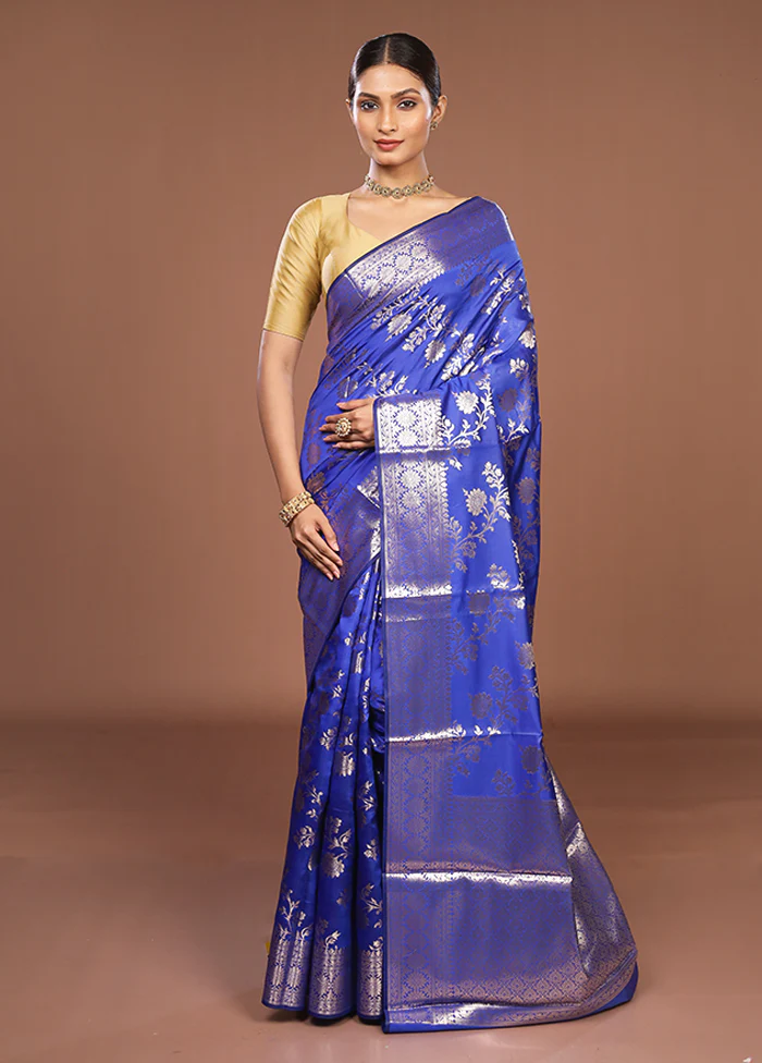 Blue Dupion Silk Saree With Blouse Piece - Image 2