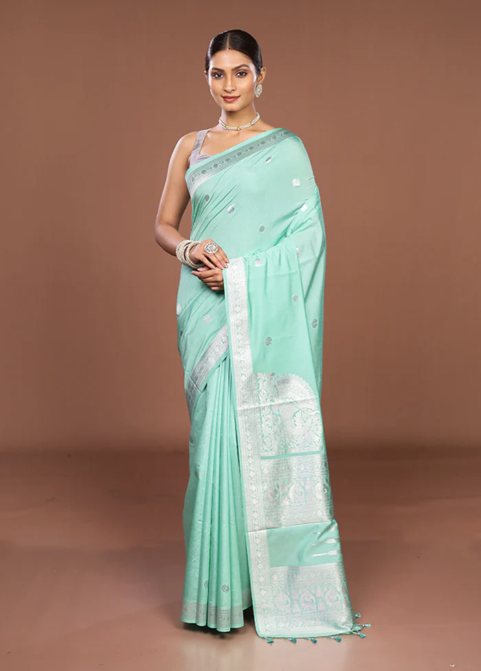 Blue Dupion Silk Saree With Blouse Piece - Image 2