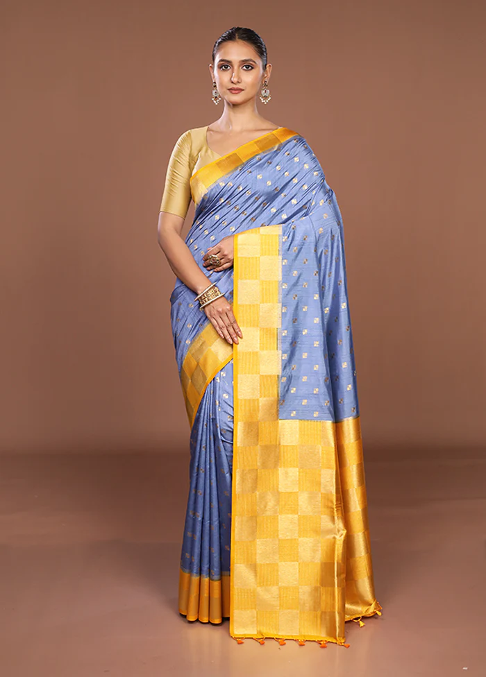 Blue Dupion Silk Saree With Blouse Piece - Image 2
