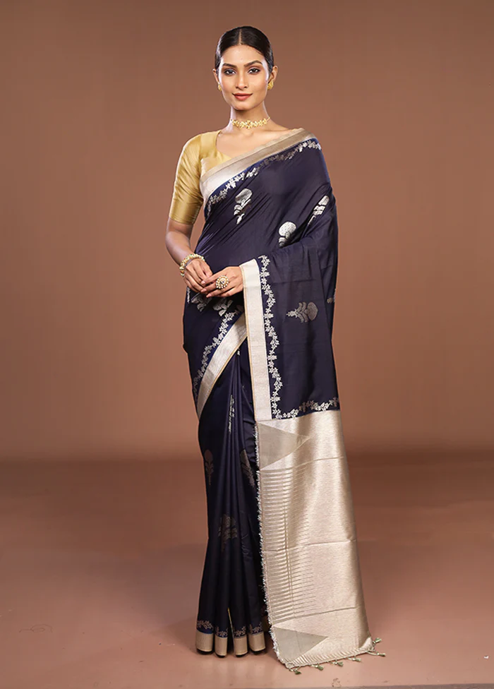 Blue Dupion Silk Saree With Blouse Piece - Image 2