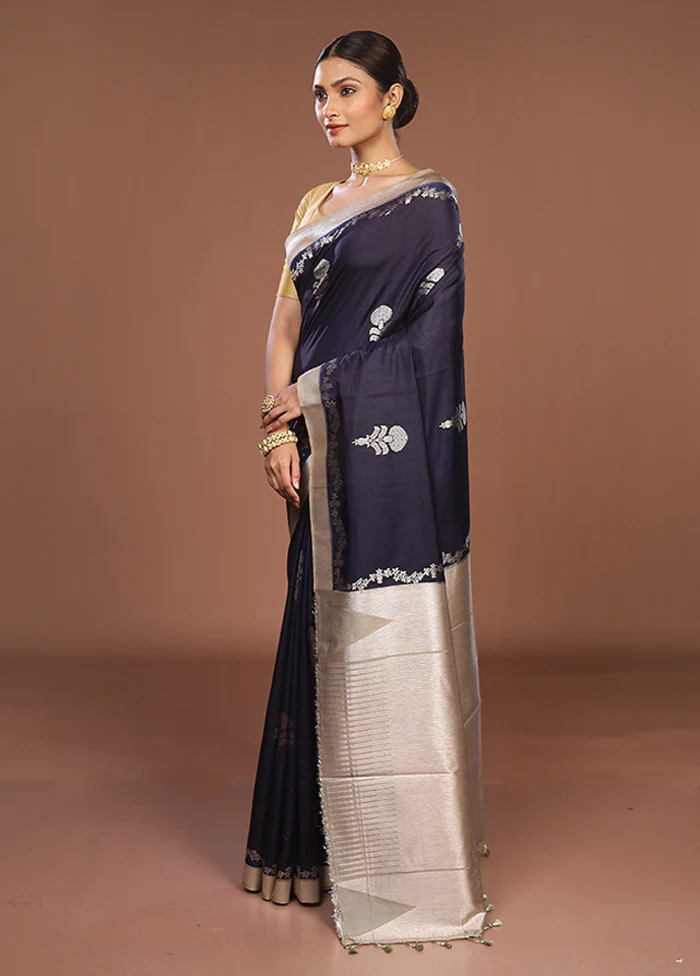 Blue Dupion Silk Saree With Blouse Piece - Image 4