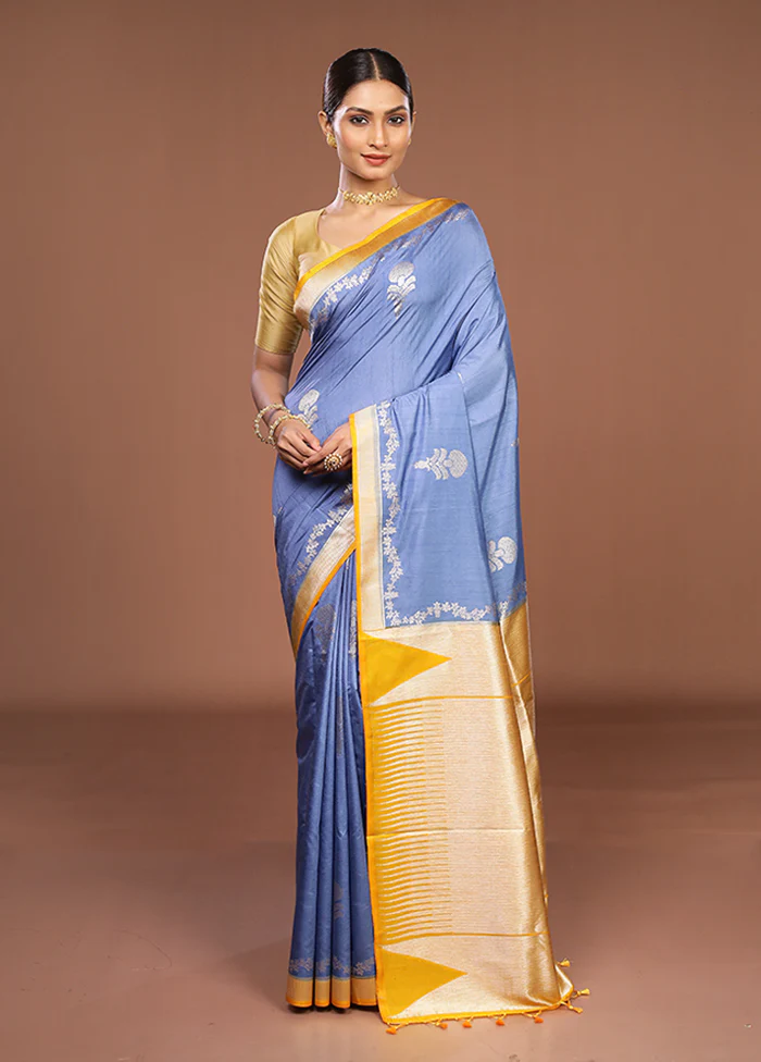 Blue Dupion Silk Saree With Blouse Piece - Image 2
