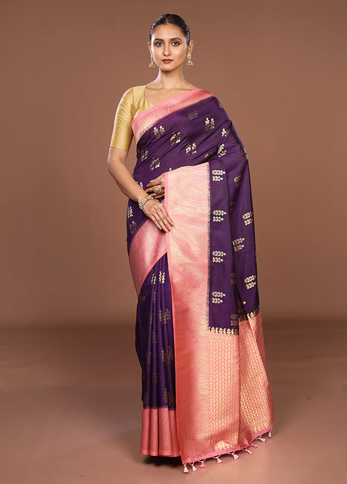 Blue Dupion Silk Saree With Blouse Piece - Image 2