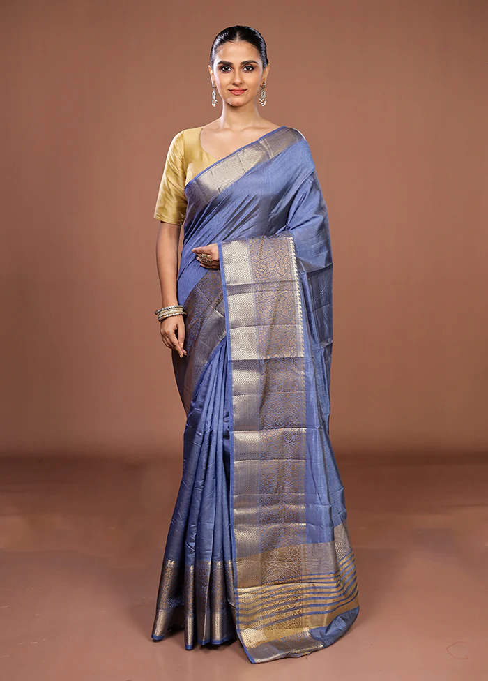 Blue Dupion Silk Saree With Blouse Piece - Image 2