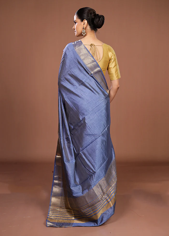 Blue Dupion Silk Saree With Blouse Piece - Image 3