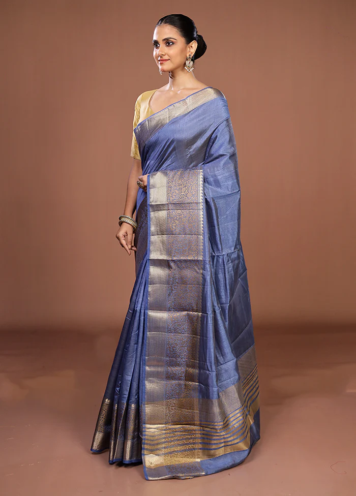 Blue Dupion Silk Saree With Blouse Piece - Image 4