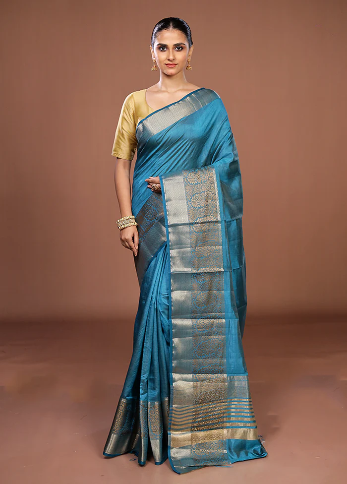 Blue Dupion Silk Saree With Blouse Piece - Image 2
