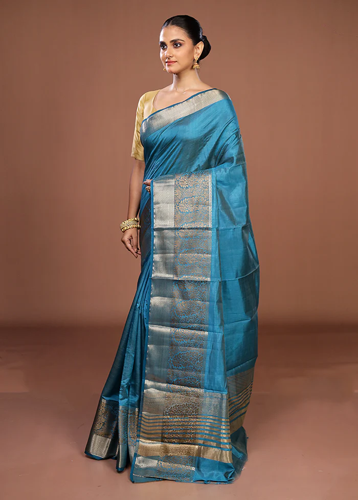 Blue Dupion Silk Saree With Blouse Piece - Image 4