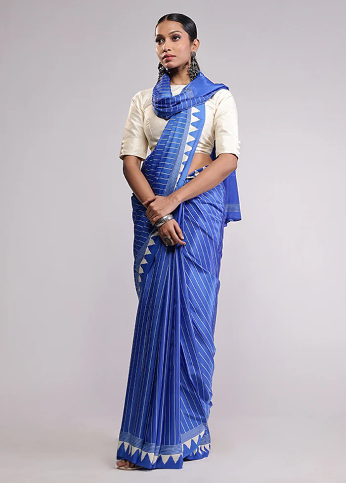 Blue Dupion Silk Saree With Blouse Piece - Image 2