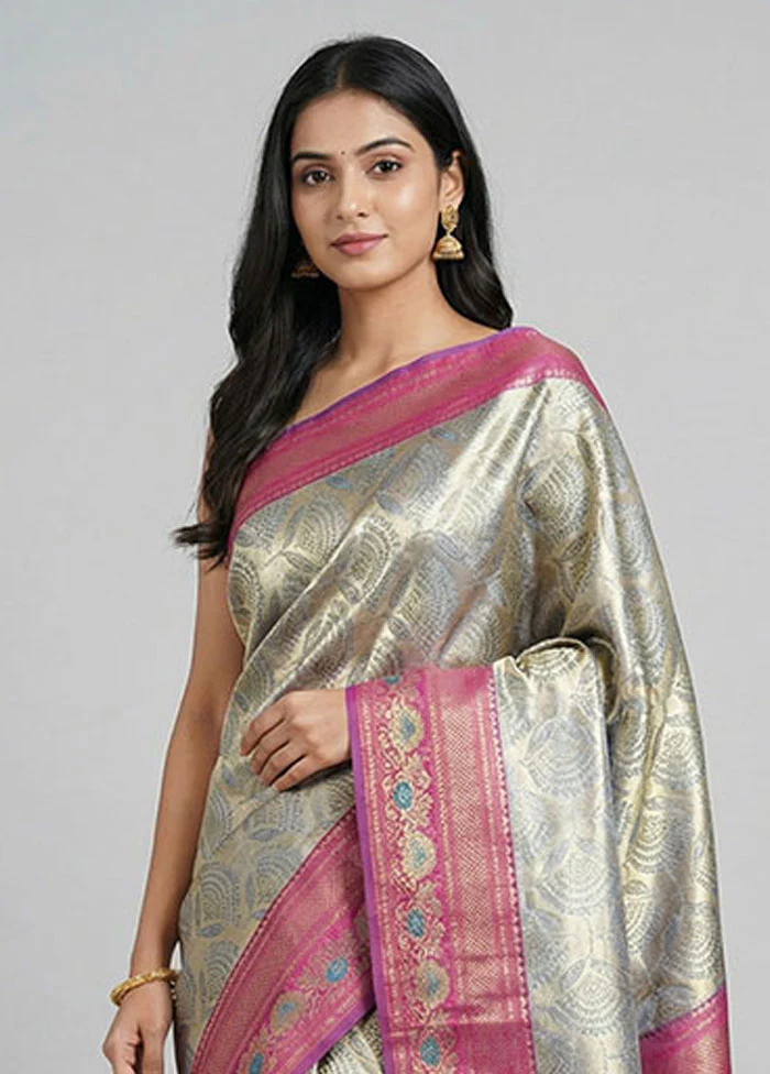 Grey Dupion Silk Saree With Blouse Piece - Image 2