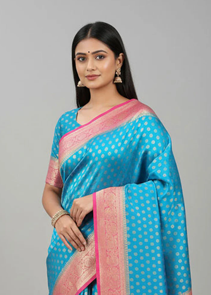 Blue Dupion Silk Saree With Blouse Piece - Image 2