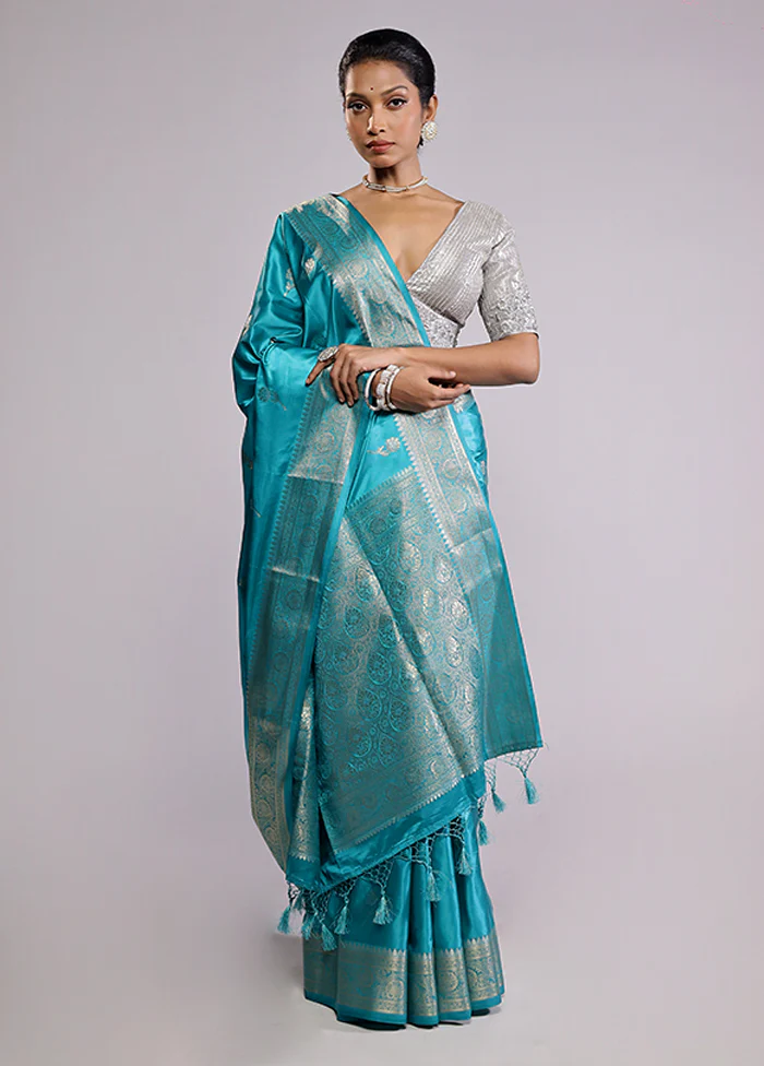 Blue Dupion Silk Saree With Blouse Piece - Image 2