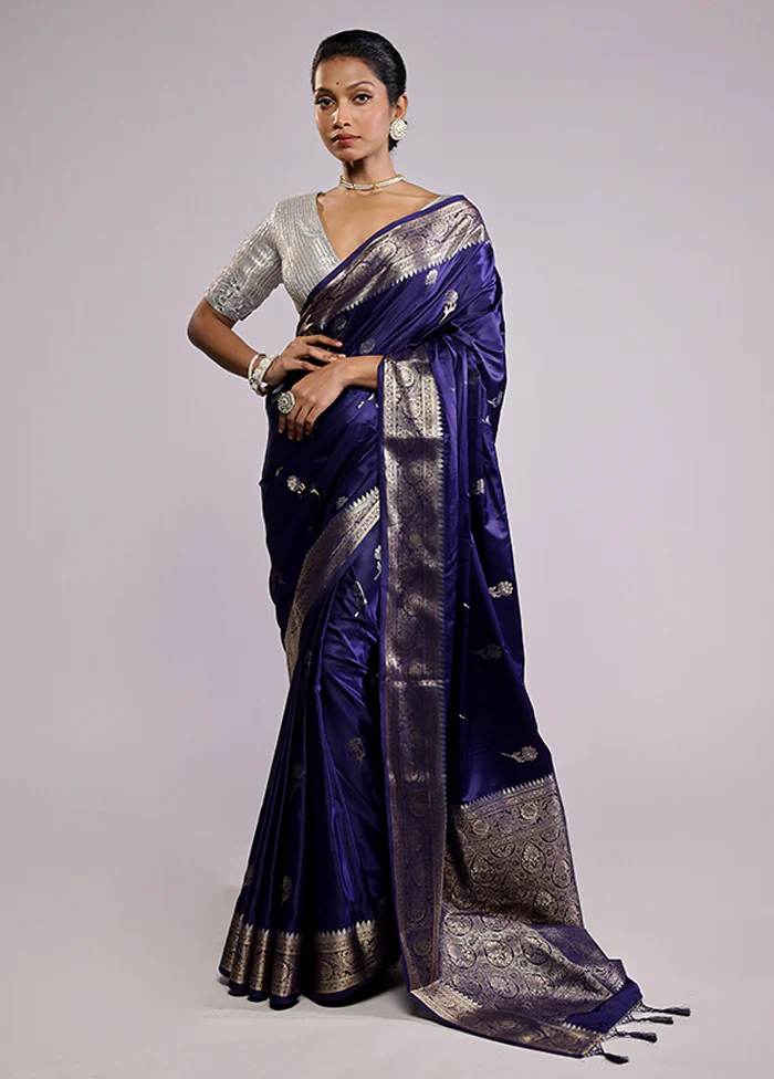 Blue Dupion Silk Saree With Blouse Piece - Image 2
